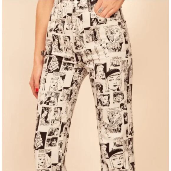 Reformation Jeans 26 Straight Leg Comic Print Newsprint High Rise White Denim - Picture 4 of 16